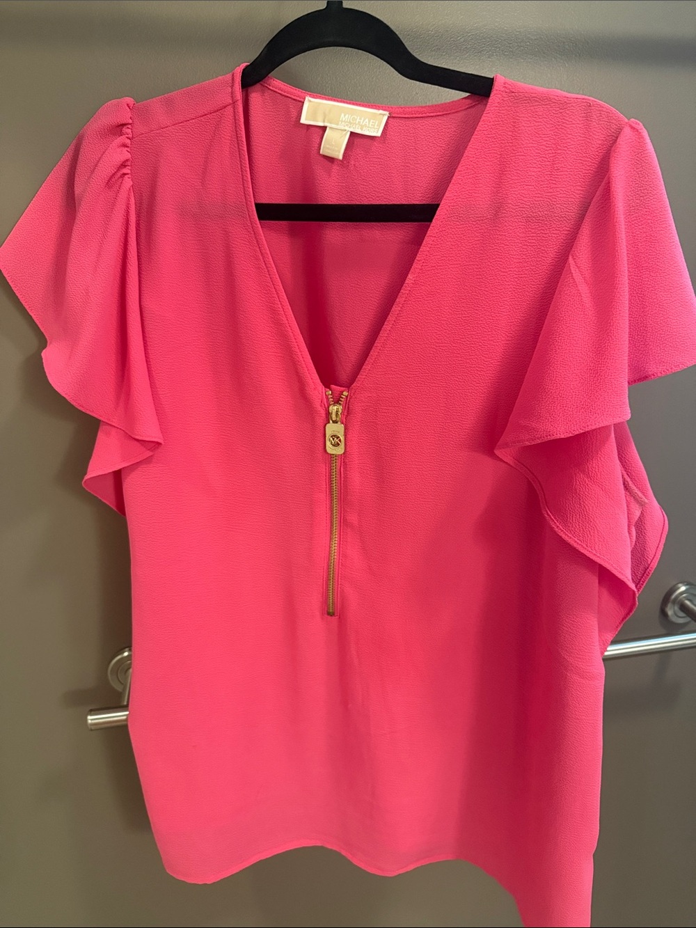 Michael Kors Hot Pink Ruffle Sleeve V-Neck Top with Gold Zip Pull